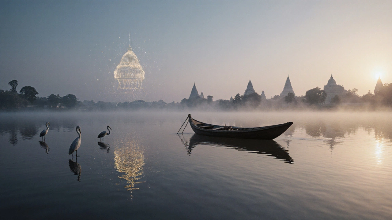 Paddleboat on Kukkarahalli Lake at sunrise with herons and temple reflections