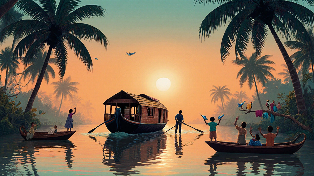 Quiet houseboat floating through Kerala backwaters at sunset with coconut palms and people on the bank.