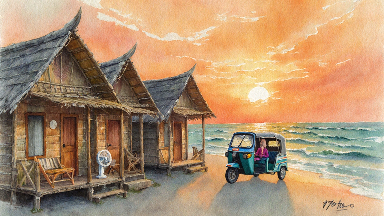 Quiet Thai beach guesthouse at sunset with simple bamboo bungalows and warm tones.