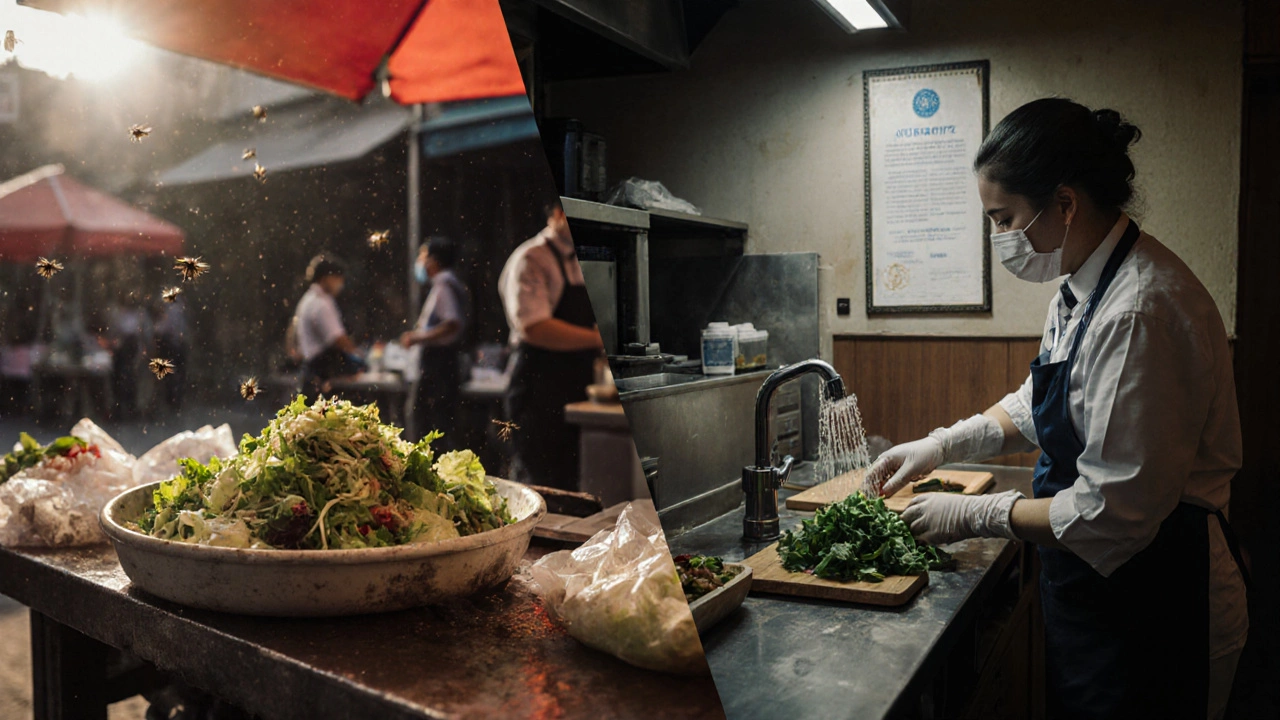 Split image contrasting unsafe street salad with safe hotel kitchen food preparation.