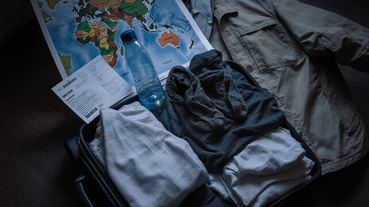 Traveler&#039;s packed suitcase with lightweight clothes and a flight ticket to South India.