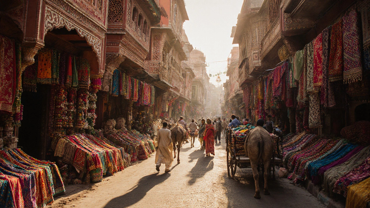 Vibrant bazaar in Jaipur with textiles, locals, and ornate architecture under shaded walkways.
