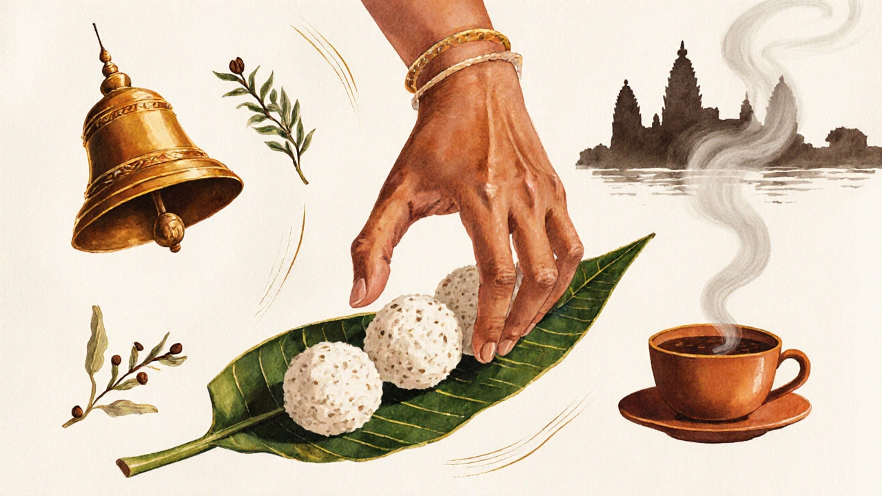 Woman&#039;s hand rolling idli batter on a banana leaf with symbolic temple, pepper, and tea elements.