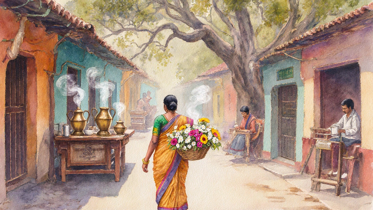 Woman carrying marigolds past a coffee stall in a narrow Mysore street