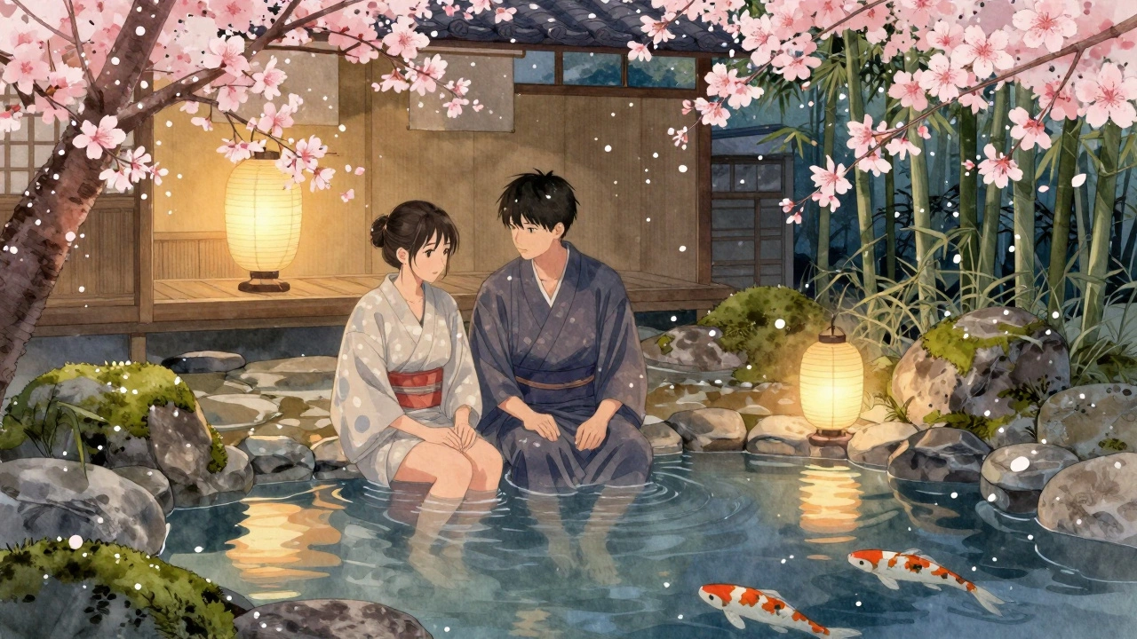 A couple relaxes in a private Japanese onsen at twilight, surrounded by moss, koi, and falling cherry blossoms.