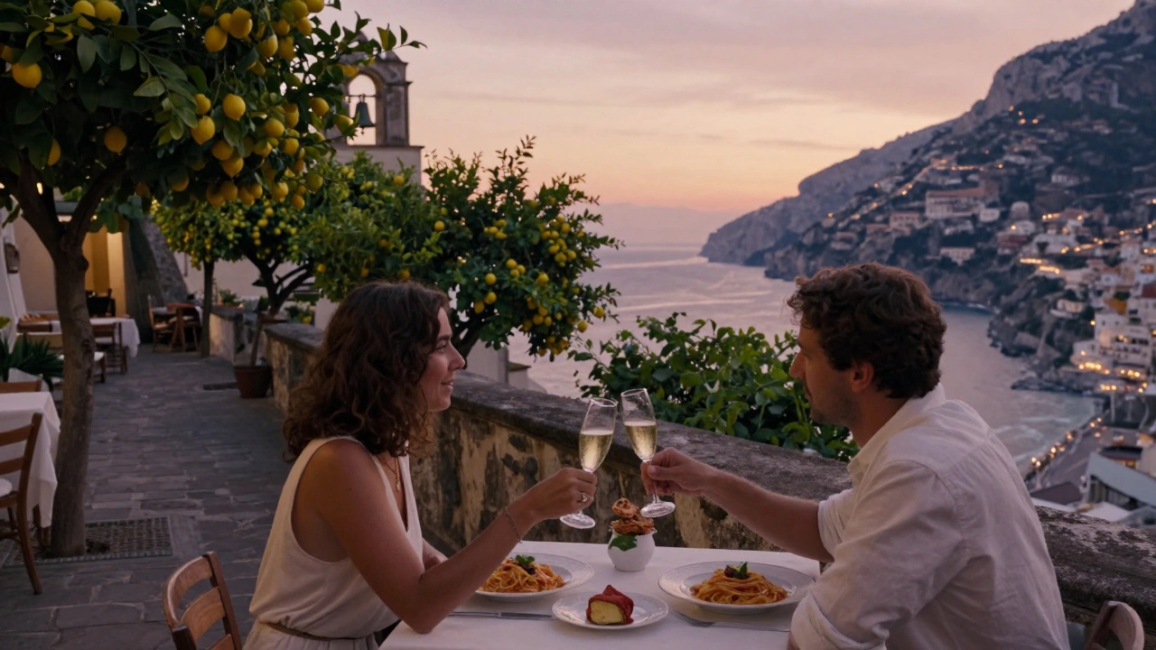 A couple shares pasta on a terrace overlooking the Amalfi Coast at dusk, with lemon trees and glowing lights nearby.