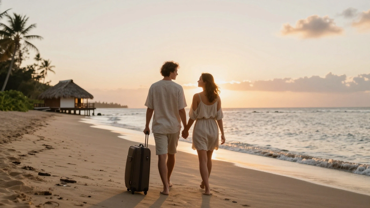 A couple walking barefoot on a beach at sunset, suitcase nearby, simple and serene.