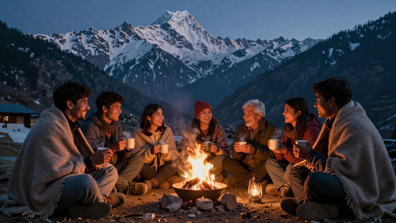 Adventurers gathered around a campfire at dusk with mountain views