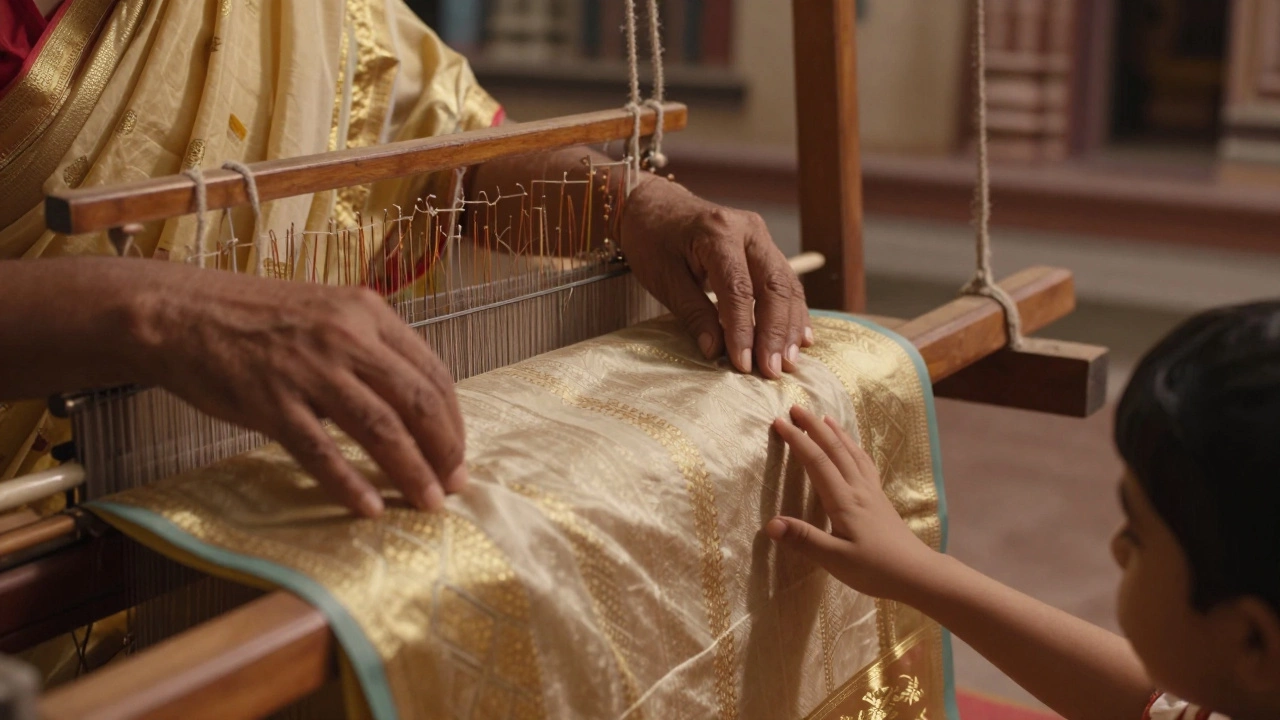 An artisan weaving a Banarasi silk sari on a wooden loom, with a child reaching toward the golden threads.