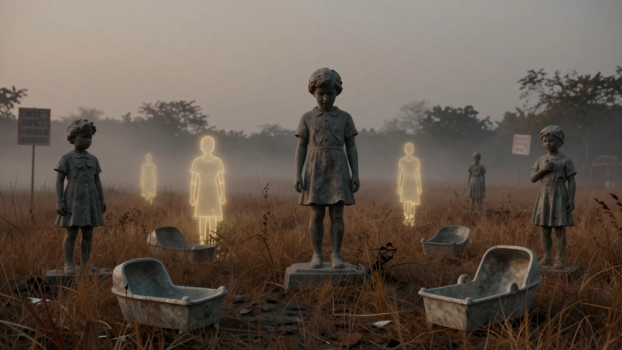 Bhopal Gas Tragedy Memorial with ghostly figures and empty cradles at dusk.