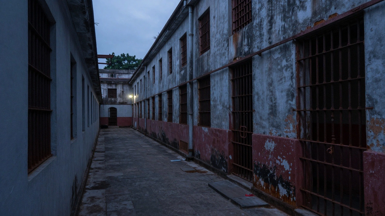 Cellular Jail corridors in Port Blair at twilight, empty cells under dim lantern light.