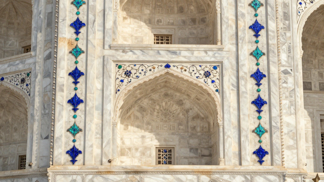 Close-up of intricate marble inlay patterns with semi-precious stones in the Taj Mahal’s interior.