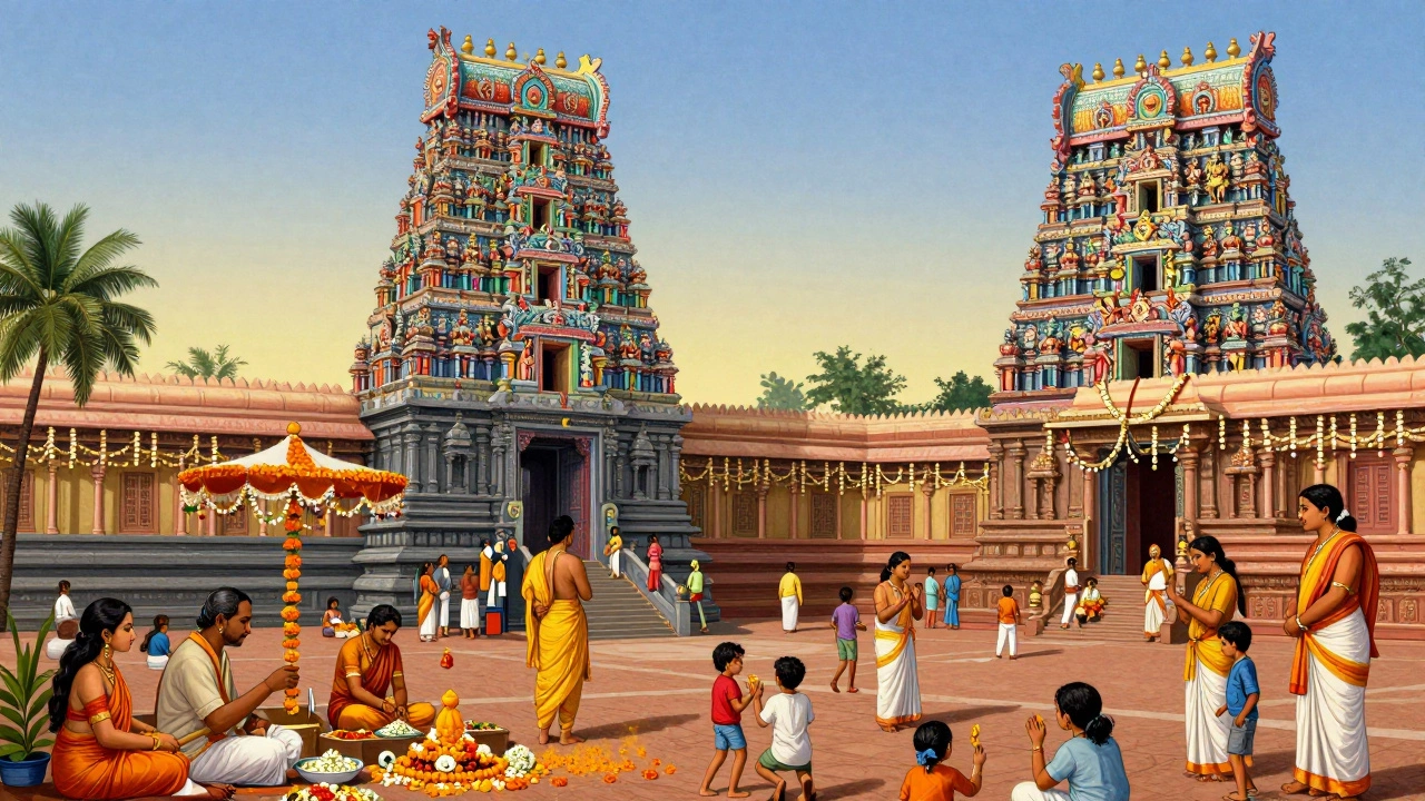 Colorful Meenakshi Temple with towering gopurams, pilgrims offering flowers, and vendors selling jasmine garlands.