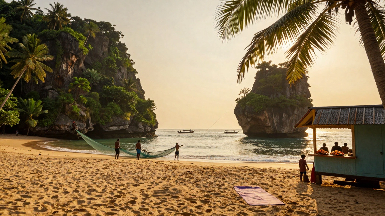 Crescent beach with cliffs and fishermen at sunrise, coconut trees shading the shore.