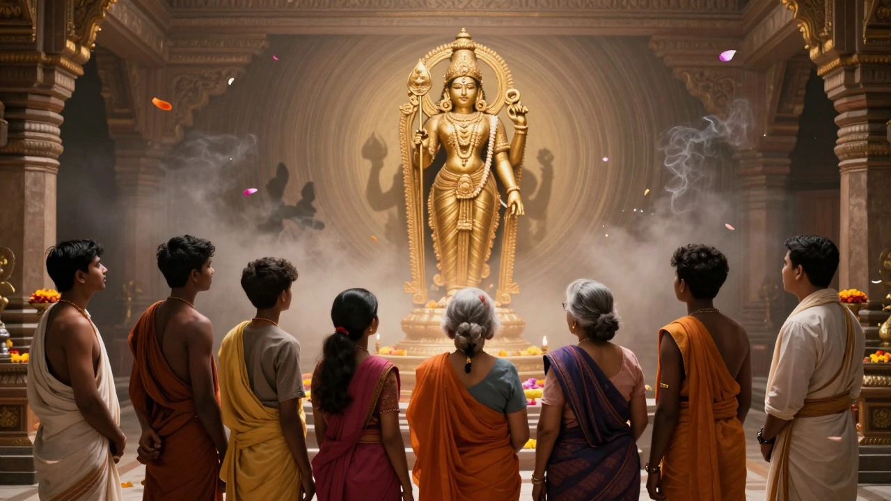 Diverse devotees in silent reverence before the golden idol of Lord Venkateswara.
