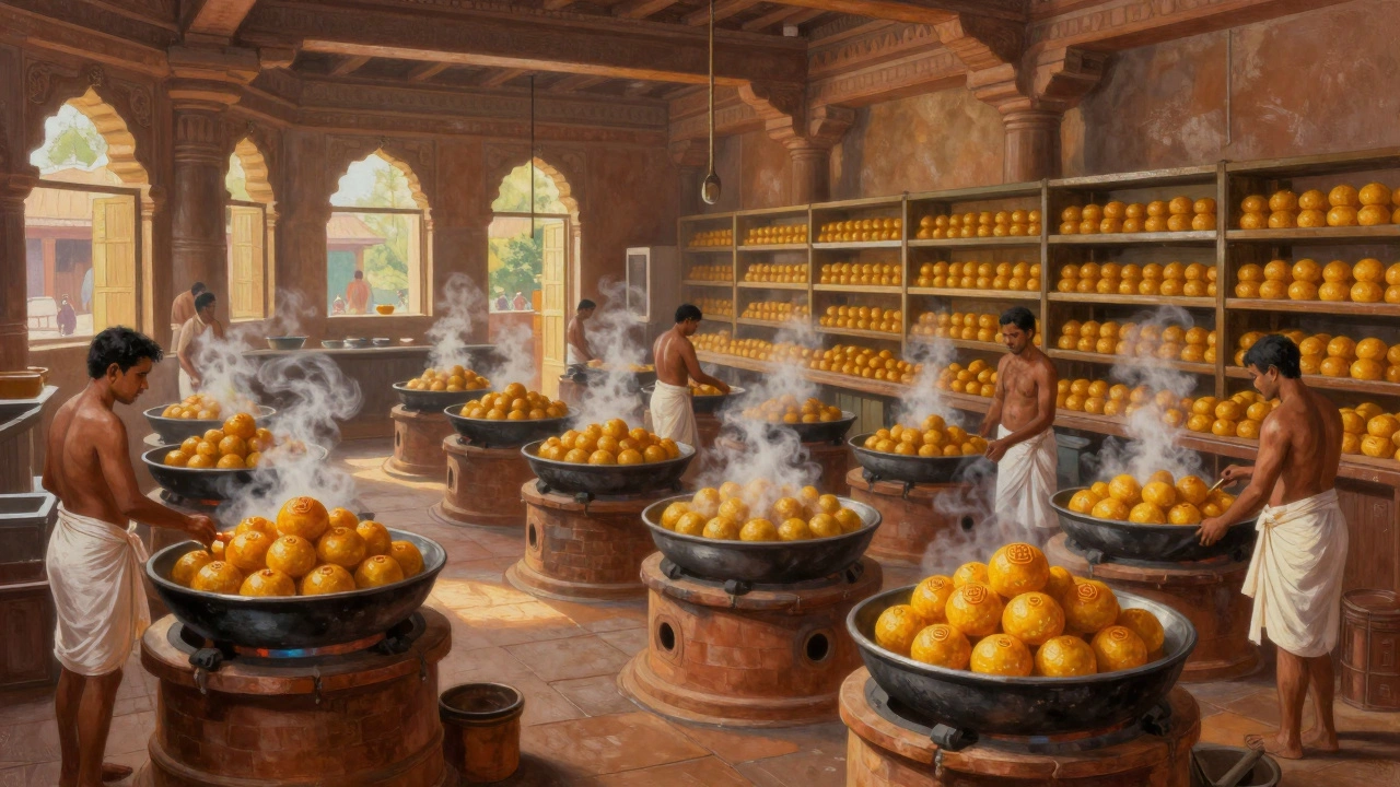 Large temple kitchen with cooks preparing golden laddus in traditional clay pots.