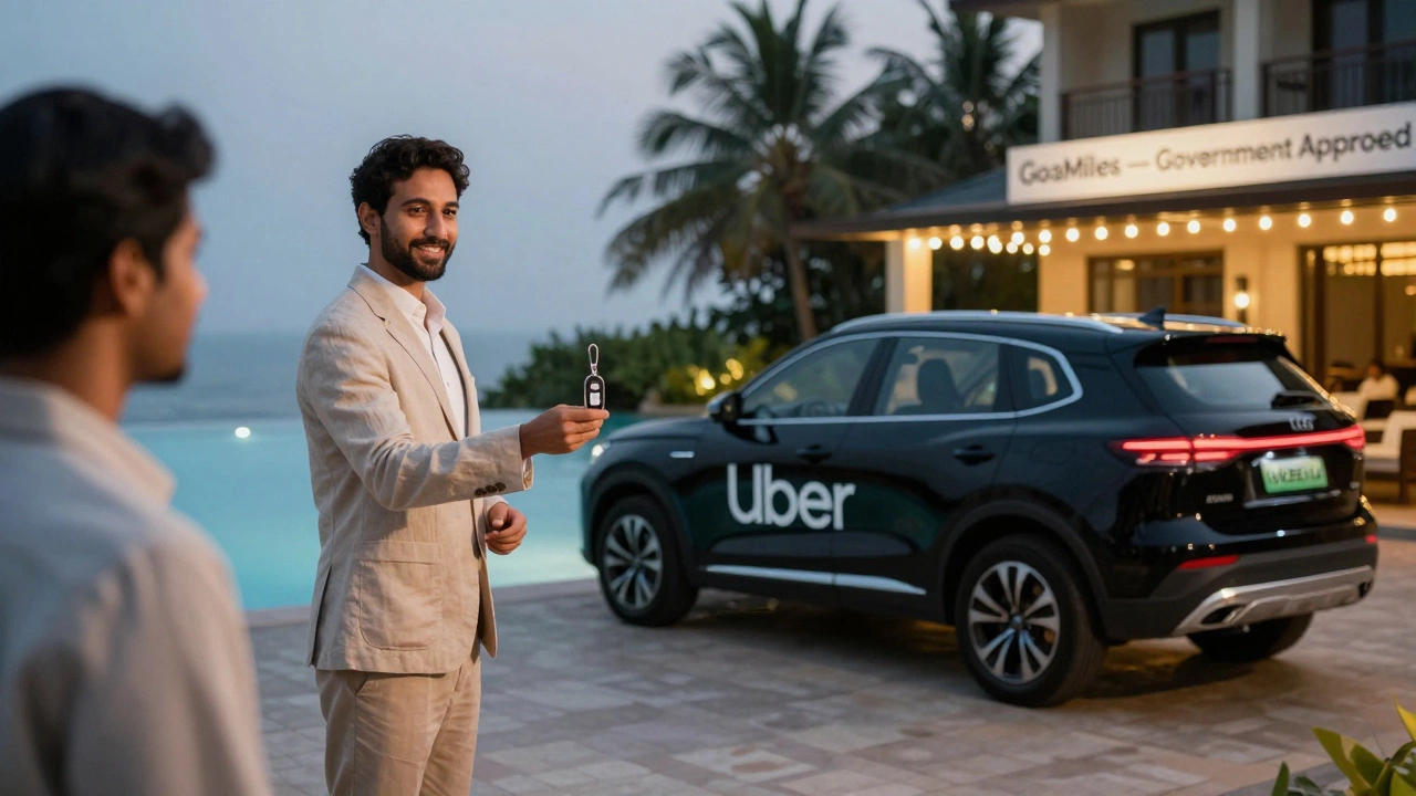 Luxury resort guest receiving car keys from concierge as a black Uber SUV waits quietly under twilight lights.