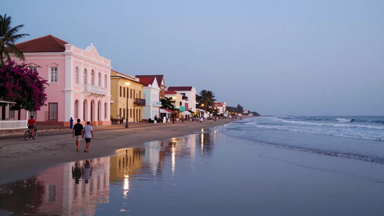 Pastel colonial promenade with calm waves and couples strolling at dusk.