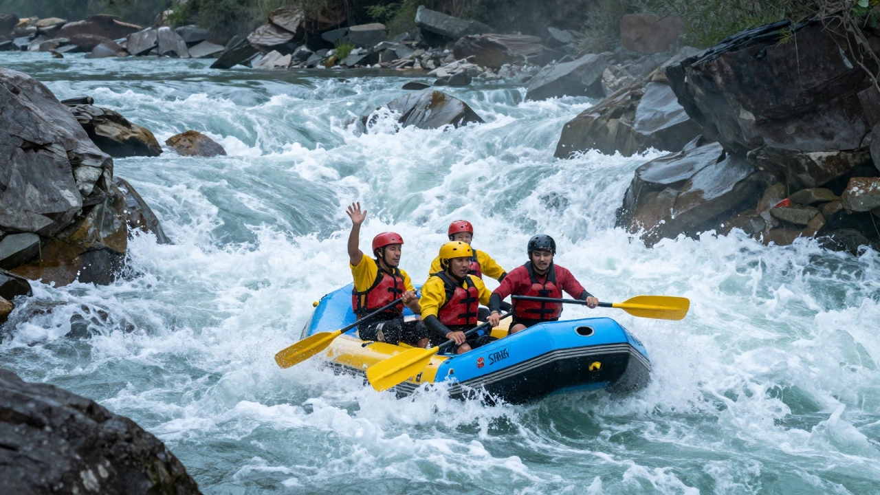 Rafters navigating powerful white-water rapids on the Beas River