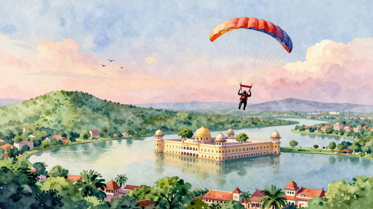 Skydiver floating peacefully under parachute above Mysore Palace and lakes.