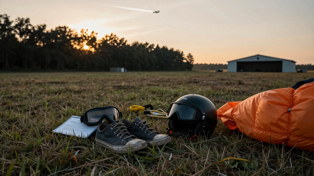 Skydiving gear and sneakers on grass at sunrise, with plane trail in distance.