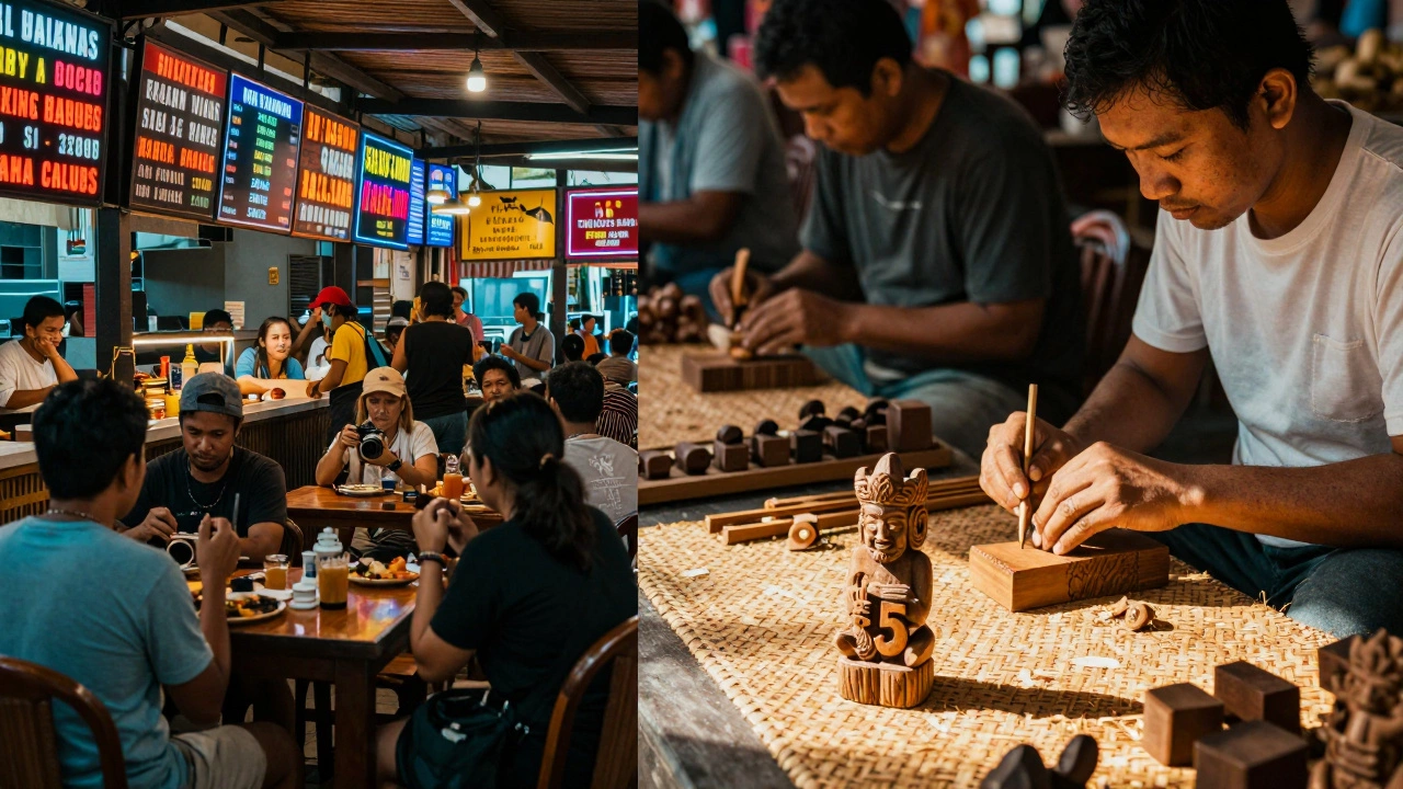 Split image: tourist restaurant with high prices vs. local artisan carving wooden statues at a quiet market.