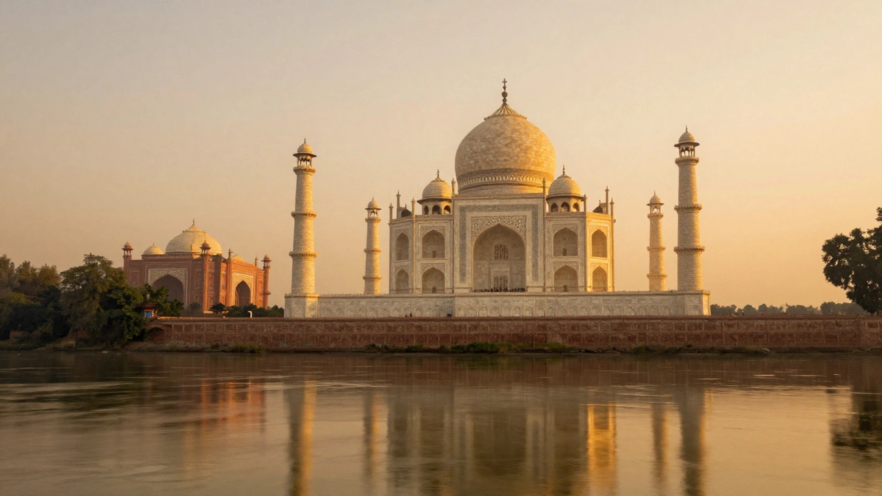 Taj Mahal at sunset with a ghostly twin reflection in the river, symbolizing lost love and immortality.
