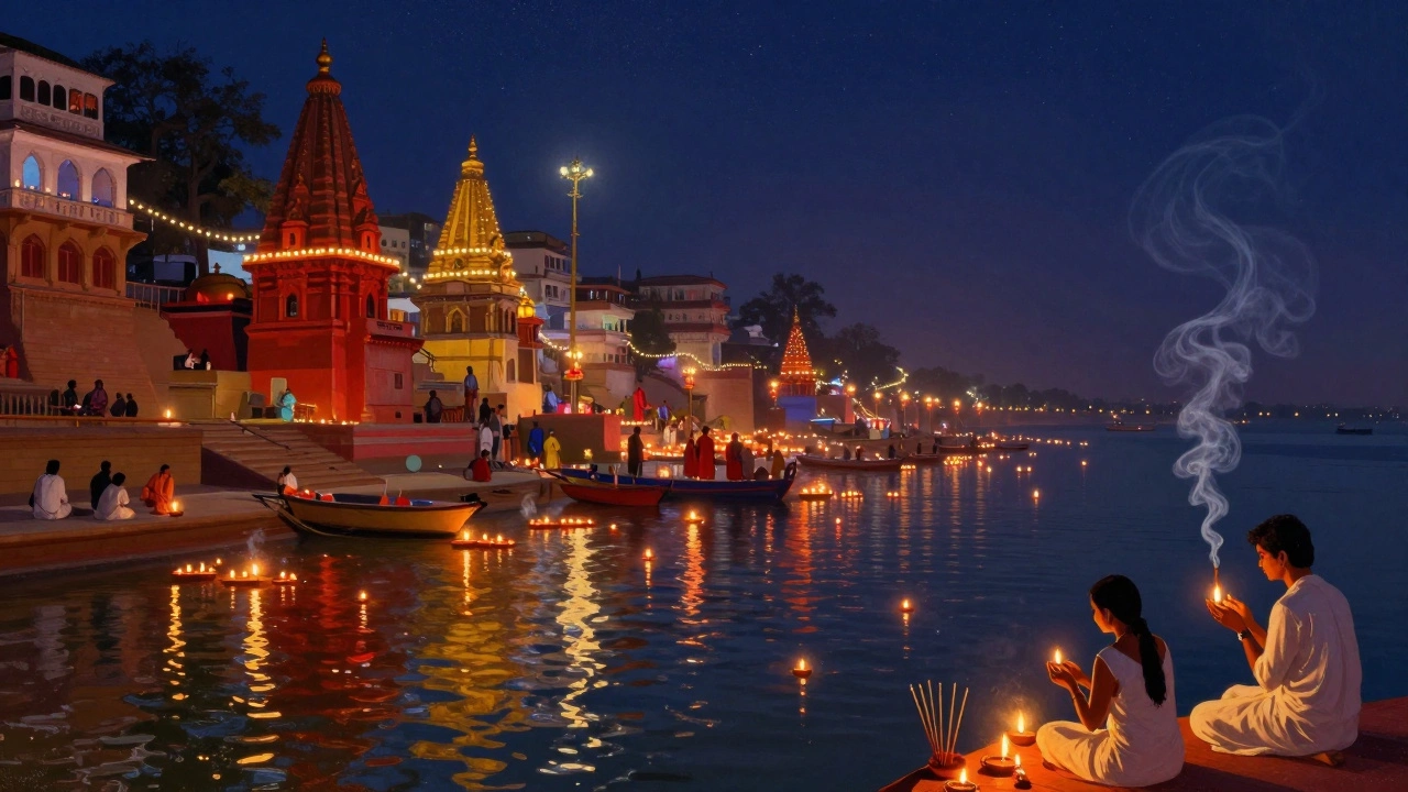 Thousands of diyas floating on the Ganges during Diwali in Varanasi, with devotees praying on the ghats.