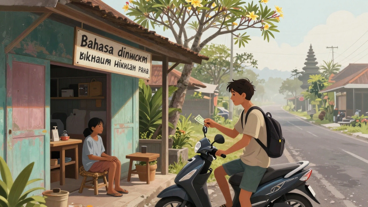 Traveler renting a scooter from a family-run shop in Canggu, surrounded by tropical trees and quiet streets.