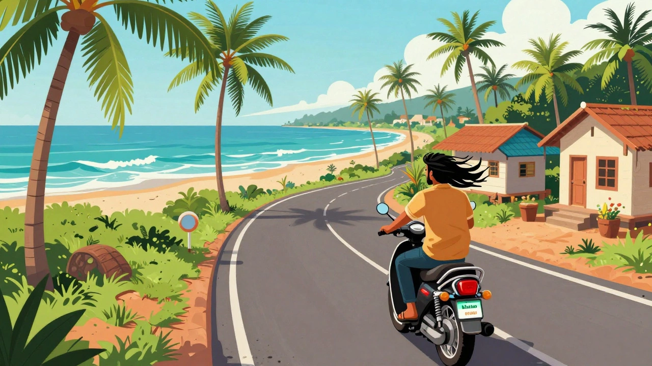 Traveler riding a scooter along Goa’s coastal road with ocean view and GoaMiles app visible on phone mount.