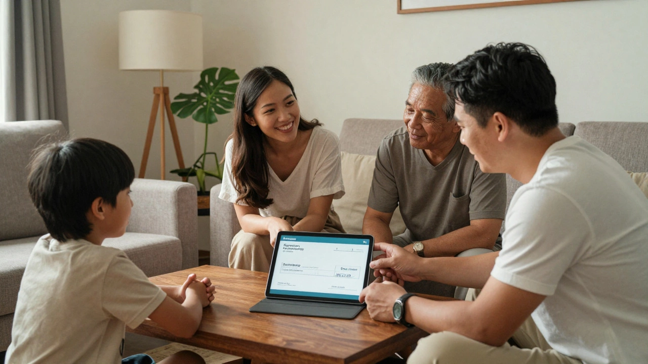 Two families talking calmly around a table, discussing honeymoon contributions.