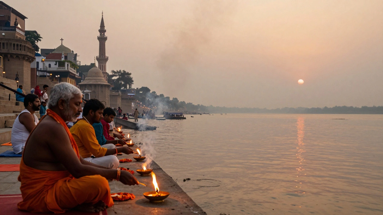 Varanasi ghats at dawn with Hindu aarti, a mosque in the distance, and a church on the hill, symbolizing religious harmony.