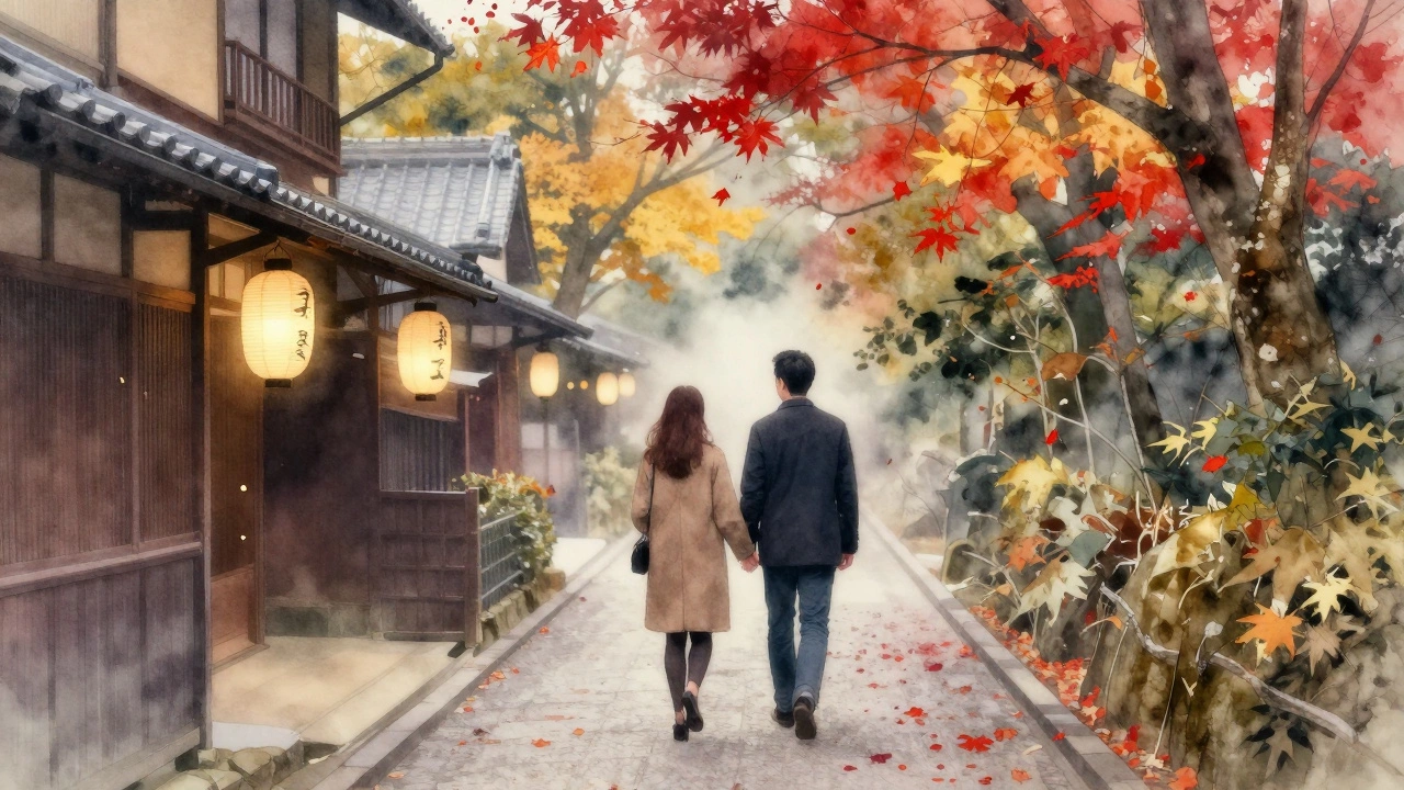 A couple strolls through a misty Kyoto trail surrounded by falling autumn leaves and traditional lanterns.
