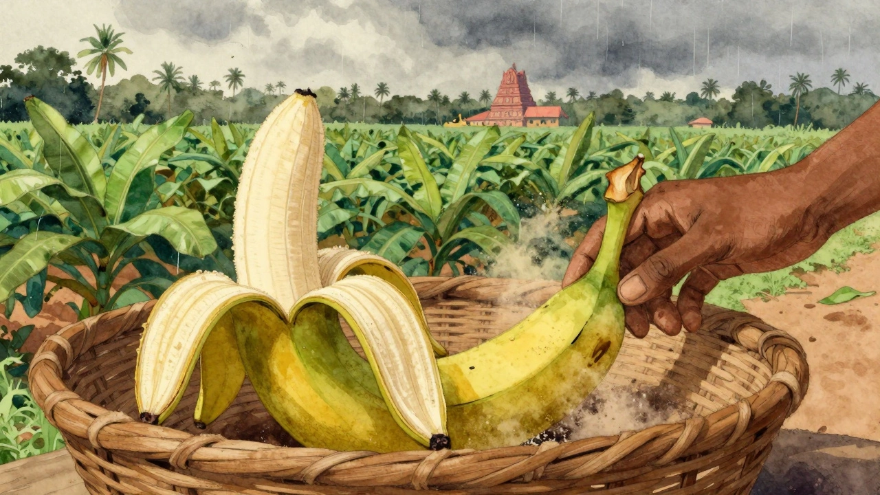 Banana growing in Indian plantation and sold at market, peel protecting the fruit inside.