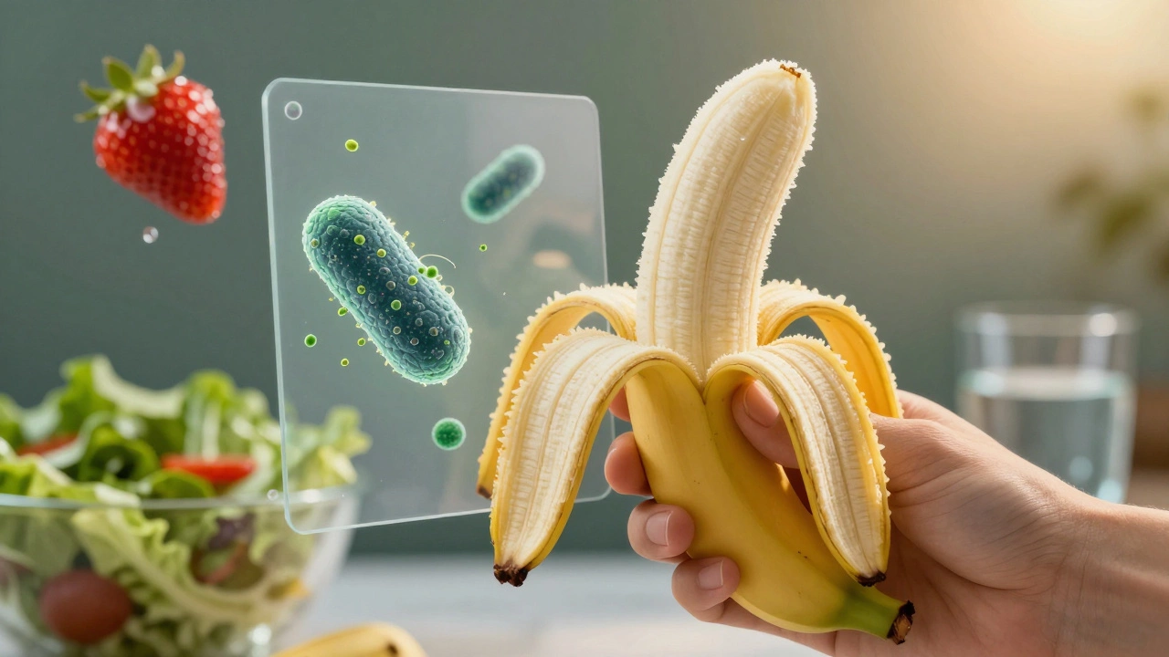 Banana peel blocks contaminants while inner fruit stays clean, surrounded by unsafe foods.