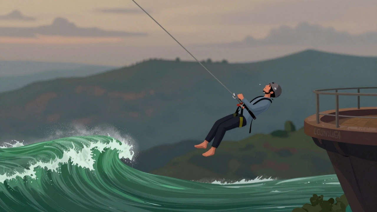 Bungee jumper falling from a high platform above green hills in Lonavala, cord stretched taut.