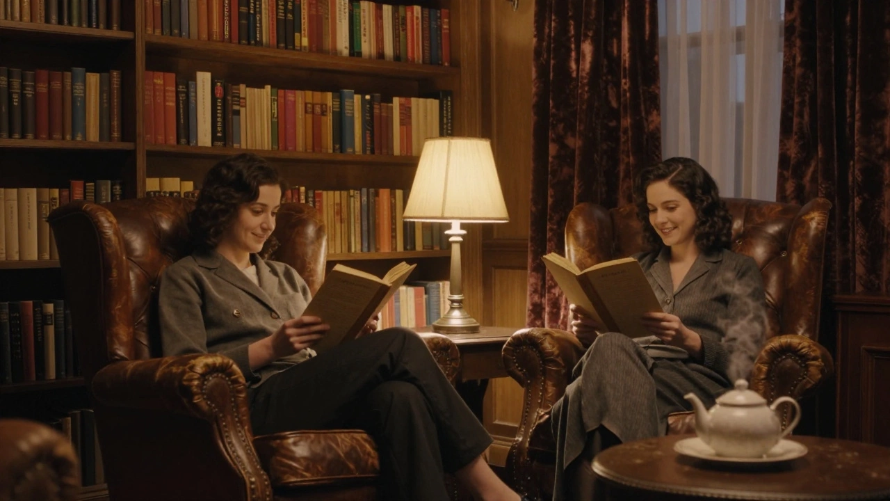 Couple reading aloud to each other in a bookshelf-lined library room, warm lamplight.