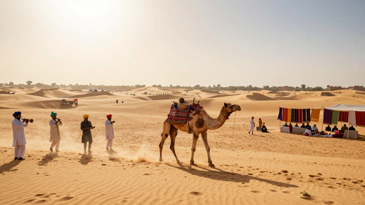 Desert festival in Rajasthan with camels, musicians, and golden dunes under harsh sun.