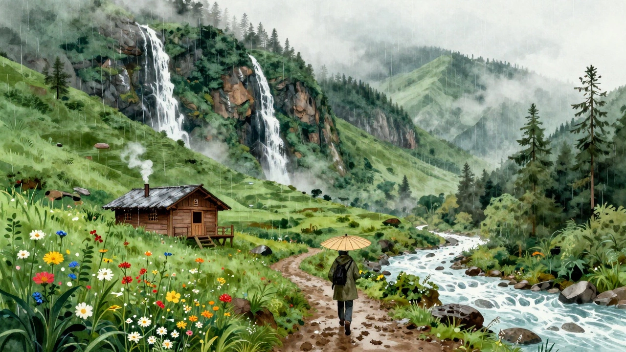Himalayan monsoon landscape with waterfalls, mist, and a traveler with an umbrella.