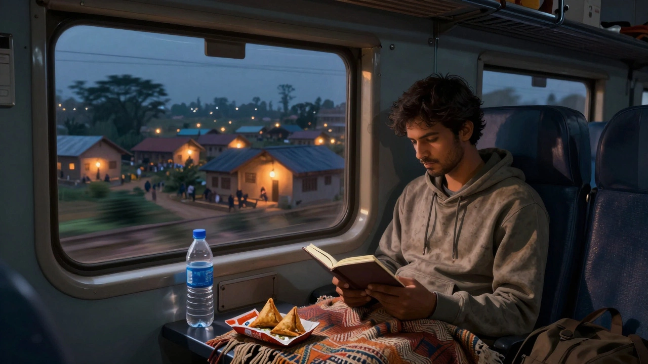 Passenger on an overnight Indian train gazing out the window at passing villages.