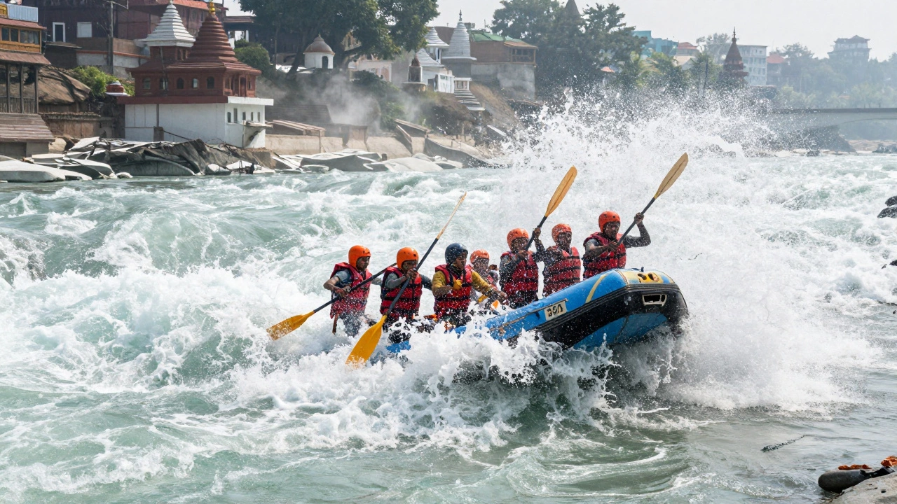 Rafters battling powerful rapids on the Ganges River in Rishikesh with mist and temples in background.