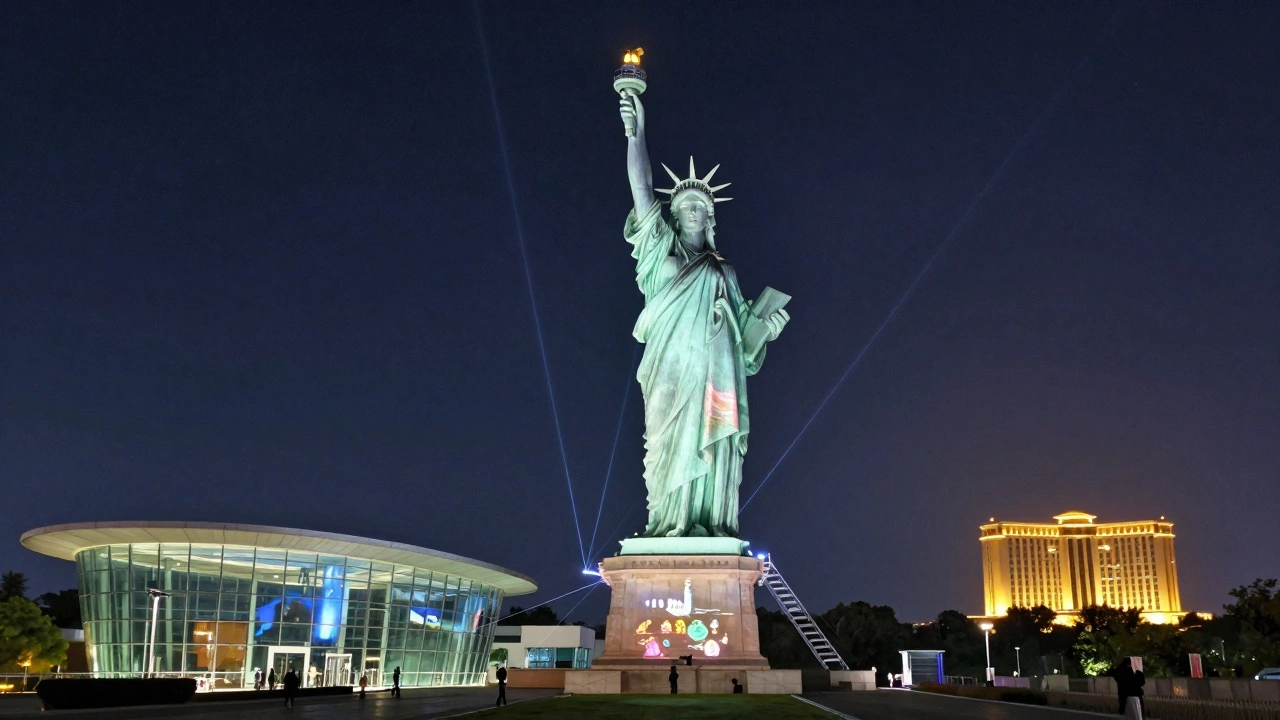 Statue of Unity at night illuminated by laser projections, cable car ascending, and modern visitor center nearby.