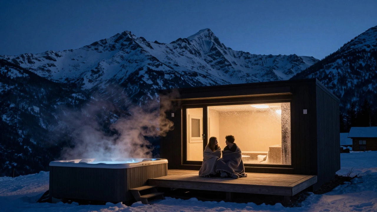 Two people soak in a hot tub under starlit skies at a secluded mountain cabin, steam rising into the night.