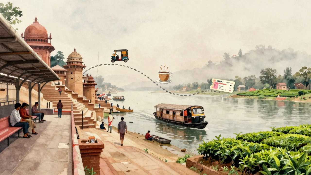 Watercolor journey path linking iconic Indian travel moments across regions.