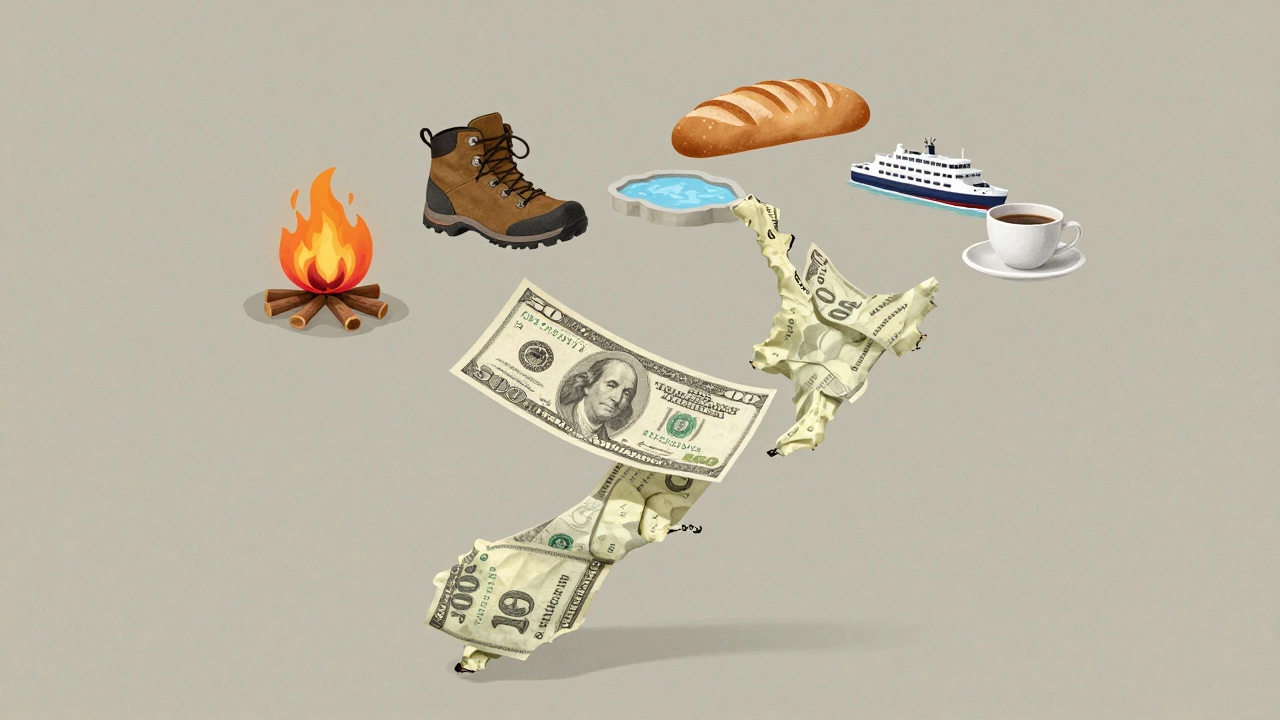 A 0 bill transforming into symbols of a simple getaway: boots, bread, fire, ferry, and coffee.