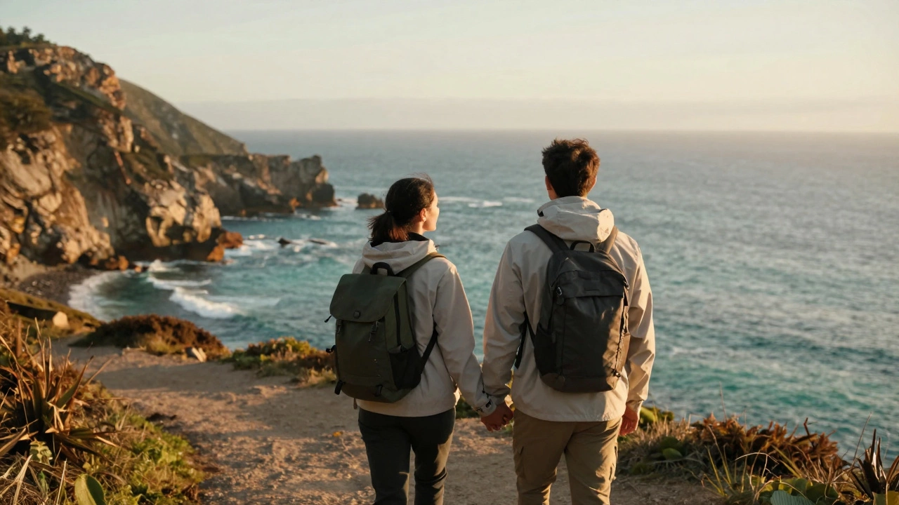 A couple hiking a coastal trail at golden hour, holding hands as they gaze at the horizon.