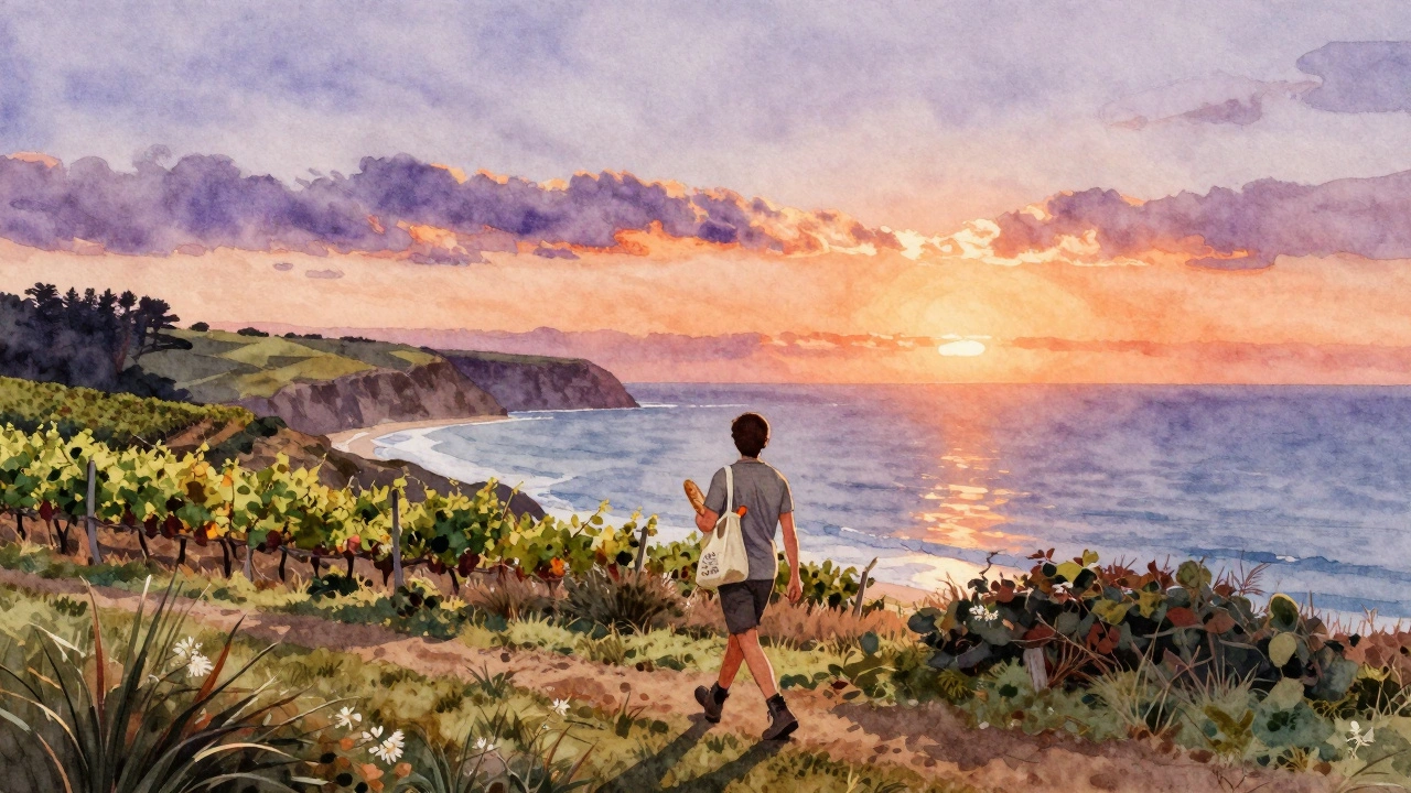 A lone hiker walking along a coastal path at sunset with vineyards and ocean in the distance.