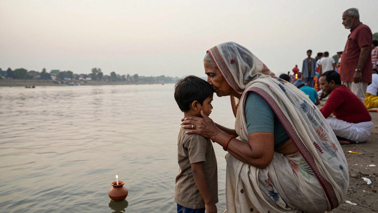 An elderly woman guides her grandson to bathe in the holy river at Kumbh Mela, whispering a quiet prayer.
