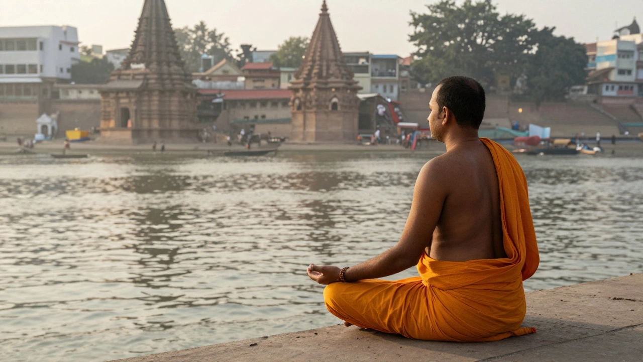 Devotee meditating at Kashi Vishwanath Temple with Ganges River in background.