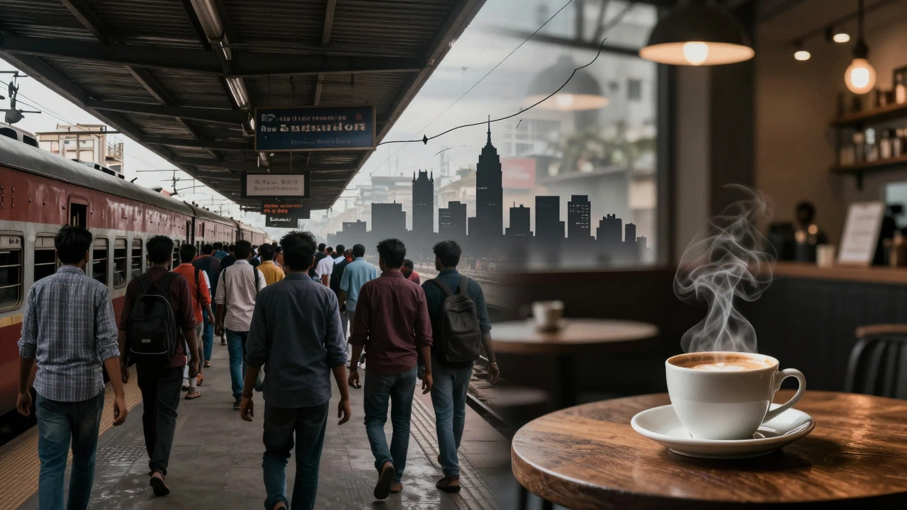 Dual-city concept showing Mumbai's crowded train and Bangalore's quiet café connected by a flight path